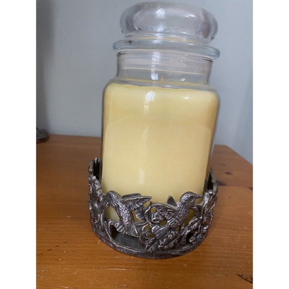 Vintage Pewter Metal Candle Jar Holder Stand Hummingbirds Hibiscus Flowers - Picture 7 of 9